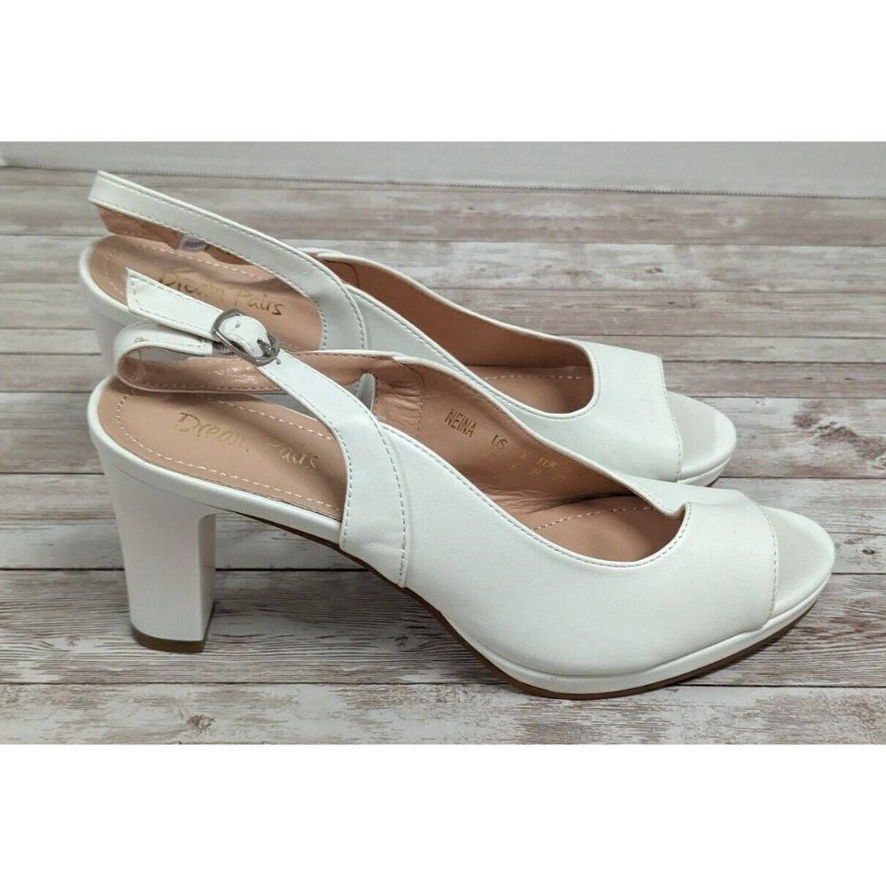 Dream Pairs Neina Womens Size 8 White Ankle Strap Chunky Block Slingback Heels